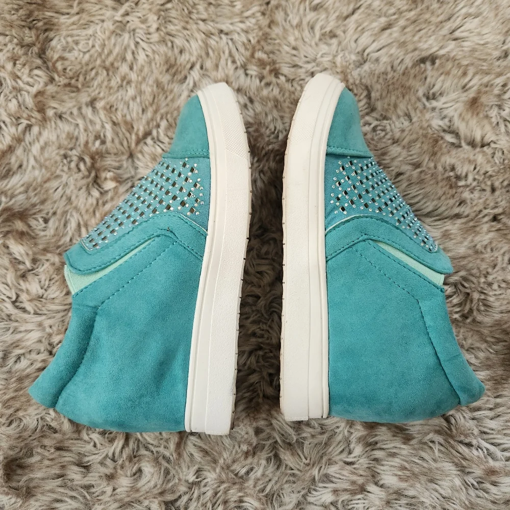Unbranded Faux Suede‎ Wedge Sneakers Teal Green With Rhinestone Detail Women's 9